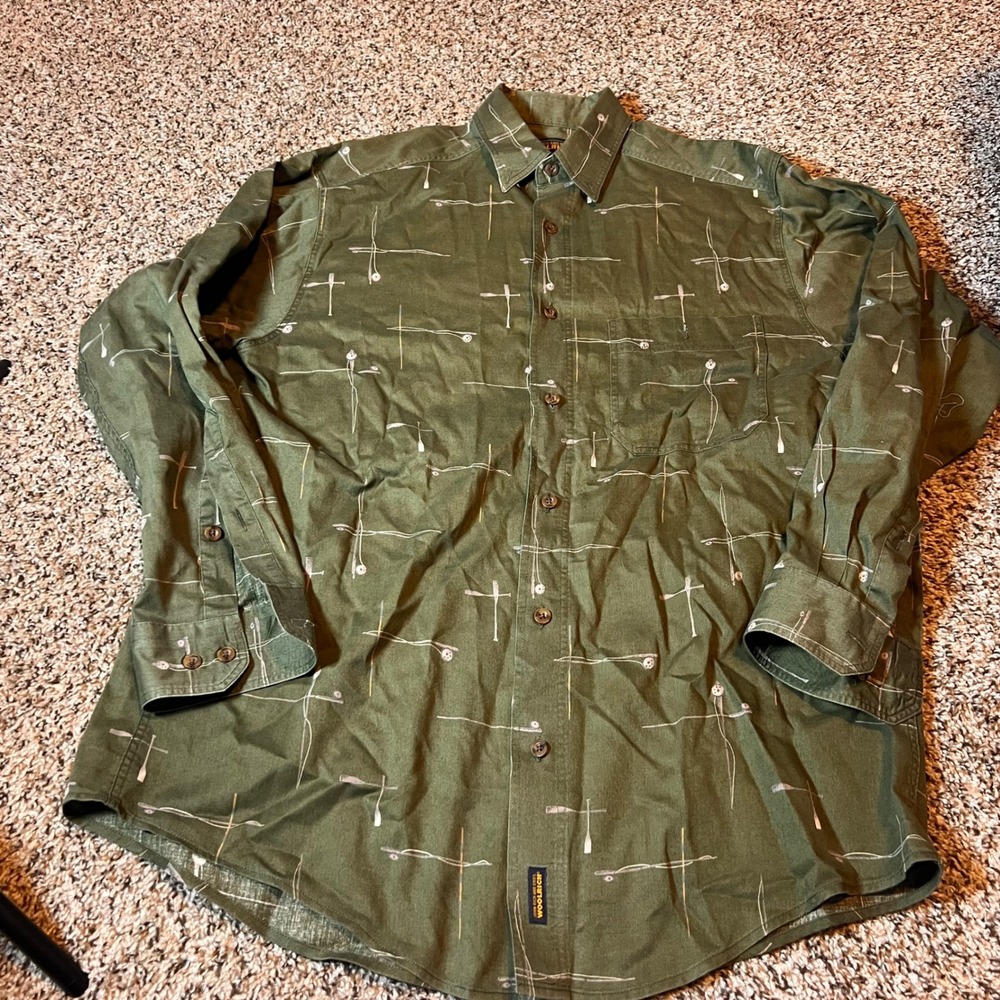 Woolrich Button-Up Shirt Fishing Print Long Sleeve Outdoor Olive Size L